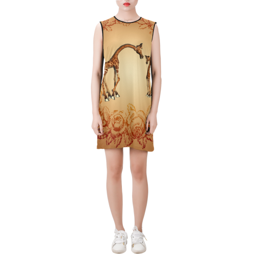 Cute giraffe with young giraffe Sleeveless Round Neck Shift Dress (Model D51)