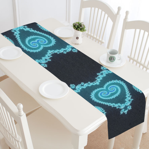 Sky Blue and Black Hearts Lace Fractal Abstract Table Runner 16x72 inch