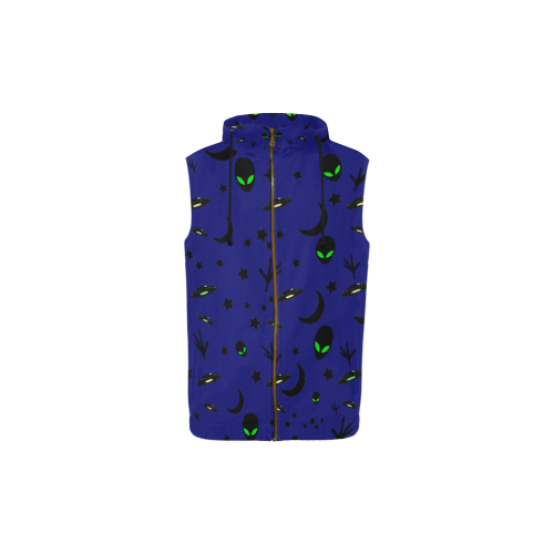 Alien Flying Saucers Stars Pattern on Blue All Over Print Sleeveless Zip Up Hoodie for Kid (Model H16)