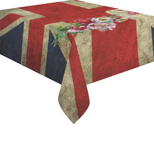 Flowery Union Jack Cotton Linen Tablecloth 52"x 70"