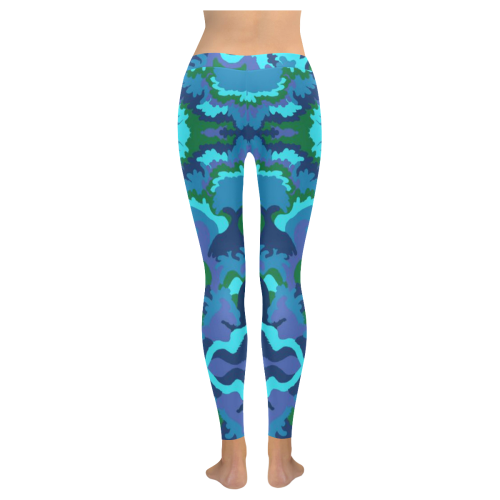 mauve blue green wave design Women's Low Rise Leggings (Invisible Stitch) (Model L05)