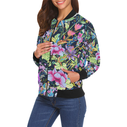 Tropical Flowers Butterflies Feathers Wallpaper 1 All Over Print Bomber Jacket for Women (Model H19)