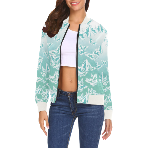 blue butterflies in the sky pattern All Over Print Bomber Jacket for Women (Model H19)