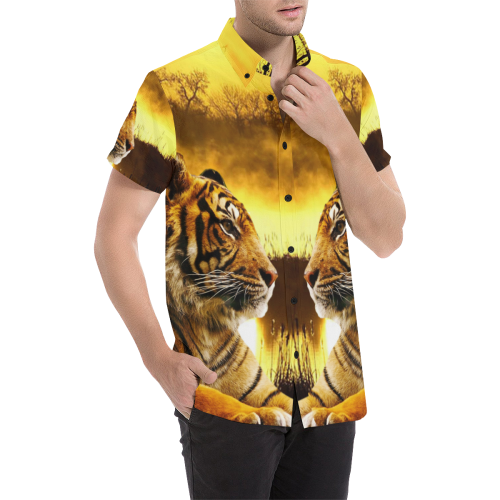 Tiger and Sunset Men's All Over Print Short Sleeve Shirt/Large Size (Model T53)