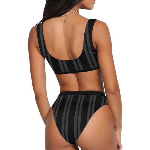 Gray/Black Vertical Stripes Sport Top & High-Waisted Bikini Swimsuit (Model S07)
