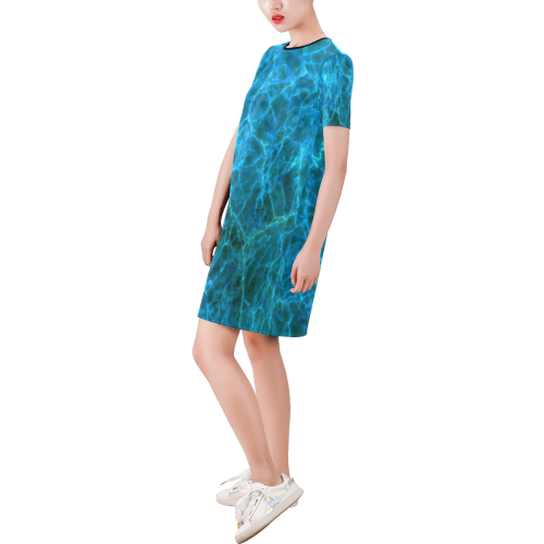 blue scratch pattern Short-Sleeve Round Neck A-Line Dress (Model D47)