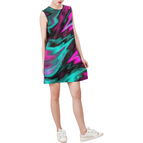 fractal waves A by JamColors Sleeveless Round Neck Shift Dress (Model D51)