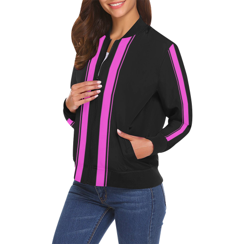 Pink Race Car Stripes Black Side Center All Over Print Bomber Jacket for Women (Model H19)