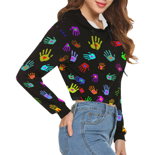 Multicolored HANDS with HEARTS love pattern All Over Print Crop Hoodie for Women (Model H22)