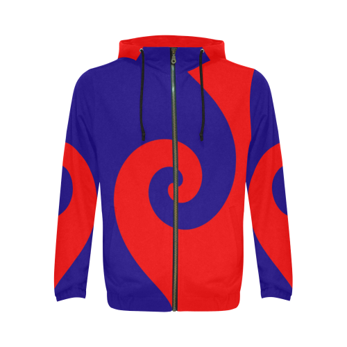 Mod Hippie Red and Blue Curlicue Swirls All Over Print Full Zip Hoodie for Men/Large Size (Model H14)