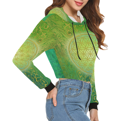 Symbol FLOWER OF LIFE vintage gold green All Over Print Crop Hoodie for Women (Model H22)