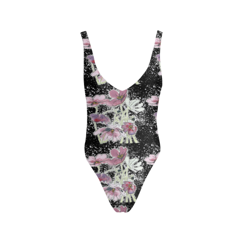Black Swimming Costume With Pansies Sexy Low Back One-Piece Swimsuit (Model S09)