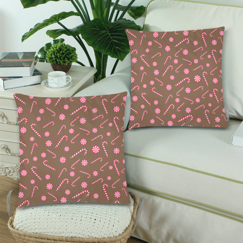 Candy CANE CHRISTMAS BROWN Custom Zippered Pillow Cases 18"x 18" (Twin Sides) (Set of 2)