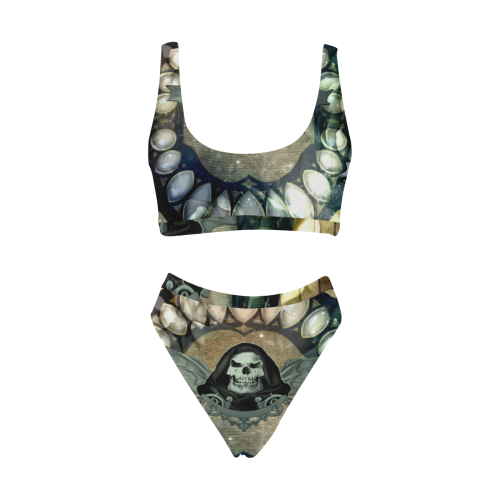 Awesome scary skull Sport Top & High-Waisted Bikini Swimsuit (Model S07)
