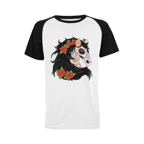 Sugar Skull Horse Red Roses Black Men's Raglan T-shirt (USA Size) (Model T11)