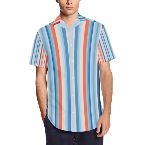 Blue and coral stripe 1 Men's Short Sleeve Shirt with Lapel Collar (Model T54)