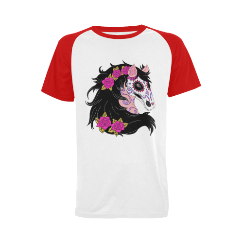 Sugar Skull Horse Pink Roses Red Men's Raglan T-shirt (USA Size) (Model T11)