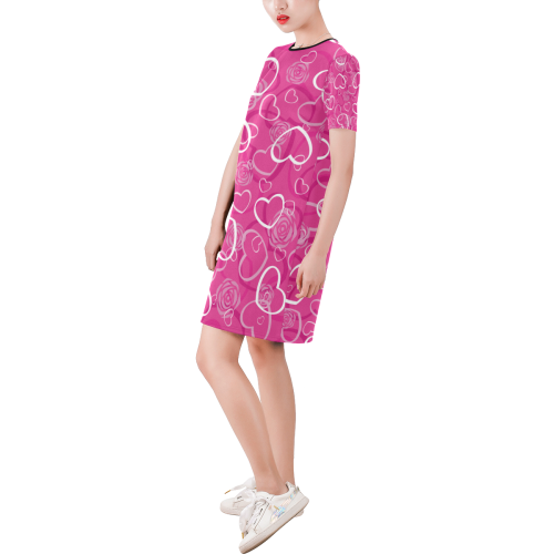 hearts Short-Sleeve Round Neck A-Line Dress (Model D47)