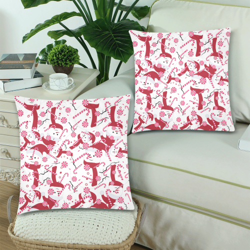 CandyCANE SNOWMAN CHRISTMAS WHITE Custom Zippered Pillow Cases 18"x 18" (Twin Sides) (Set of 2)