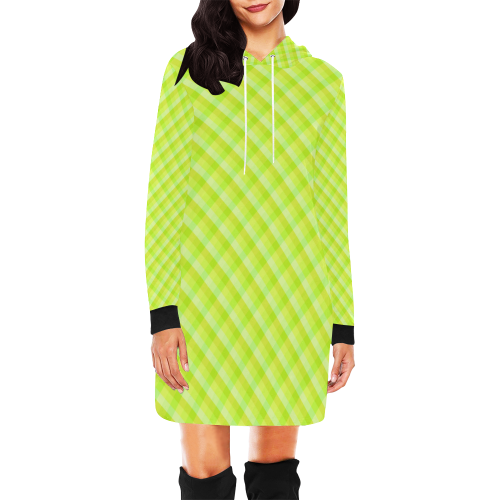 Yellow and green plaid pattern All Over Print Hoodie Mini Dress (Model H27)
