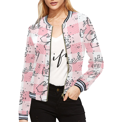 Pinky Cats Plaid All Over Print Bomber Jacket for Women (Model H21)