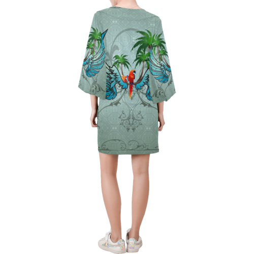 cute parrot with wings and palm Bell Sleeve Dress (Model D52)