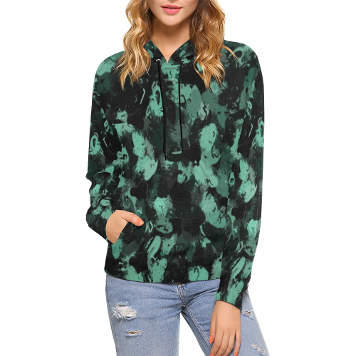 Black and Teal Green Abstract All Over Print Hoodie for Women (USA Size) (Model H13)