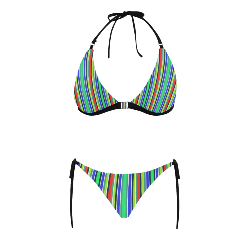 Vivid Colored Stripes 2 Black Buckle Front Halter Bikini Swimsuit (Model S08)