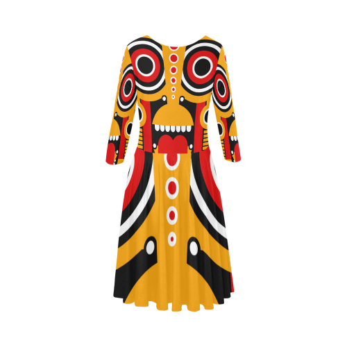 Red Yellow Tiki Tribal Elbow Sleeve Ice Skater Dress (D20)