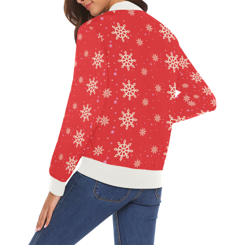 white xmas snowflake pattern on red background All Over Print Bomber Jacket for Women (Model H19)