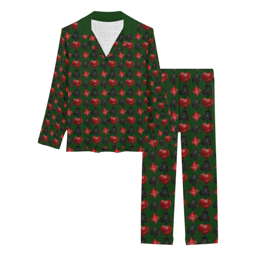Las Vegas Black and Red Casino Poker Card Shapes on Green Women's Long Pajama Set