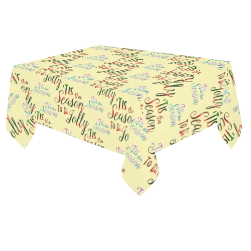 Christmas 'Tis The Season Pattern on Yellow Cotton Linen Tablecloth 60"x 84"