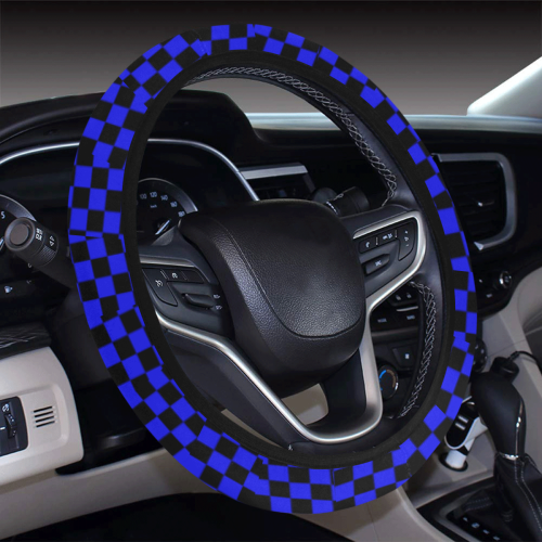 Checkerboard Black And Blue Steering Wheel Cover with Elastic Edge