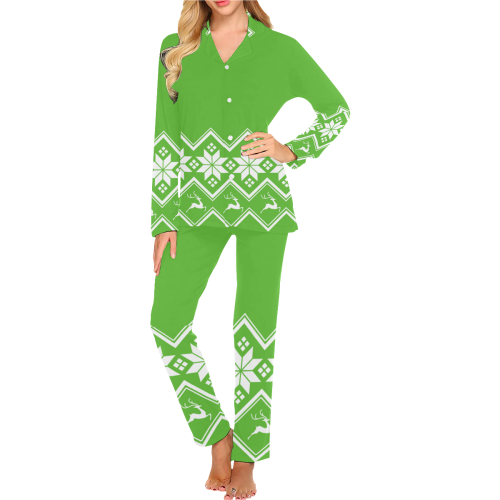 Christmas Reindeer Snowflake Green Women's Long Pajama Set