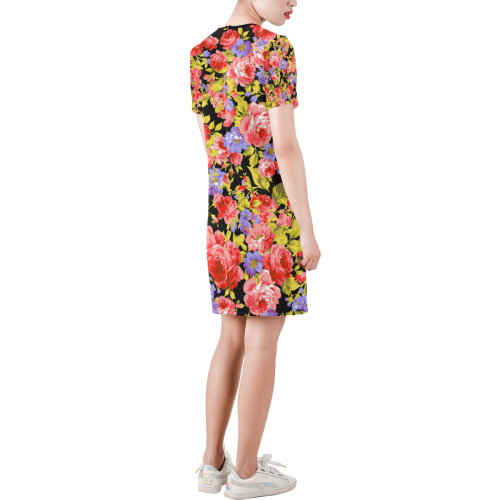 Colorful Flower Pattern Short-Sleeve Round Neck A-Line Dress (Model D47)