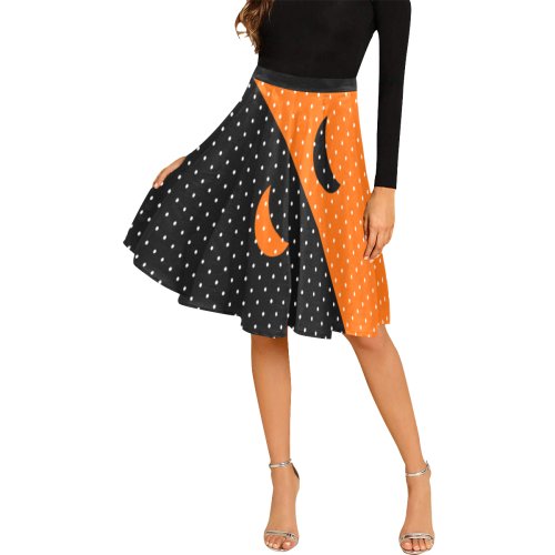 Halloween Black and Orange Polka Dots Melete Pleated Midi Skirt (Model D15)