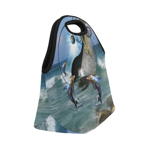 Steampunk yin yang dolphins over high ocean surf Neoprene Lunch Bag/Small (Model 1669)