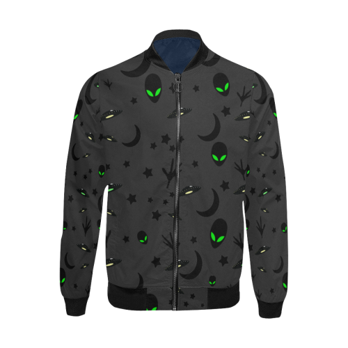 Alien Flying Saucers Stars Pattern on Charcoal All Over Print Bomber Jacket for Men (Model H31)