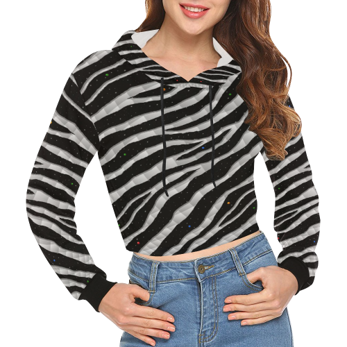 Ripped SpaceTime Stripes - White All Over Print Crop Hoodie for Women (Model H22)