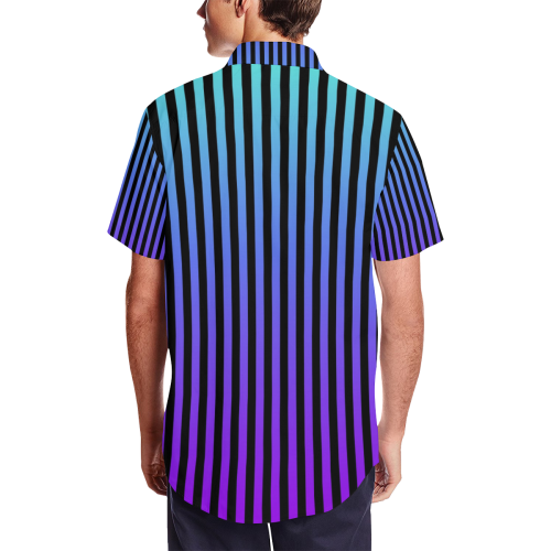Aqua/Purple/Black Striped Pattern Men's Short Sleeve Shirt with Lapel Collar (Model T54)