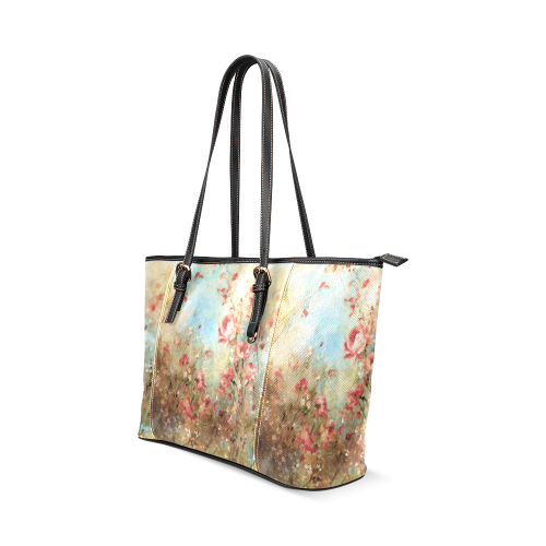 pink watercolor flowers Leather Tote Bag/Large (Model 1640)