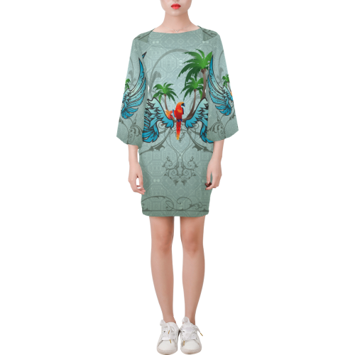 cute parrot with wings and palm Bell Sleeve Dress (Model D52)