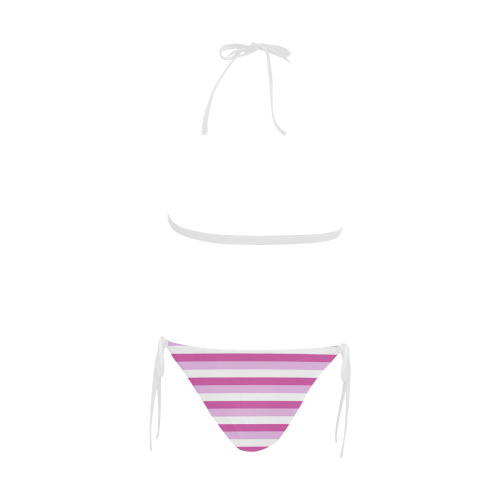 Pink Stripes White Buckle Front Halter Bikini Swimsuit (Model S08)