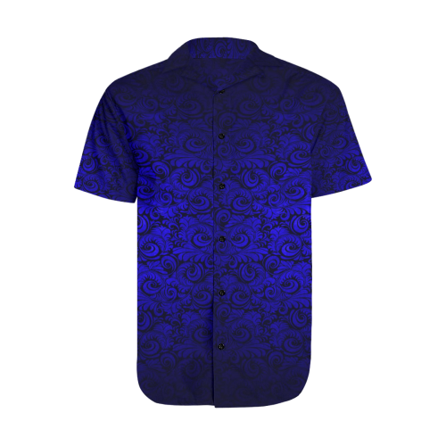 Vintage Gothic Royal Blue Vampire Metallic Leaf Print Satin Dress Shirt Men's Short Sleeve Shirt with Lapel Collar (Model T54)