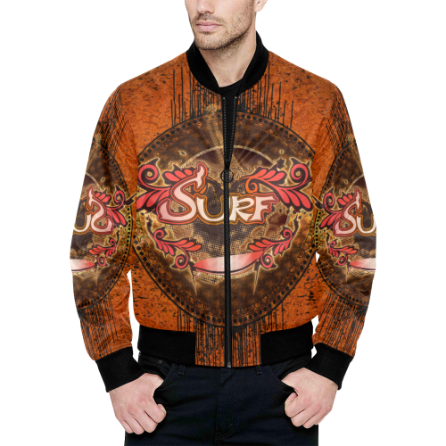 Surfing, surf design with surfboard All Over Print Quilted Bomber Jacket for Men (Model H33)
