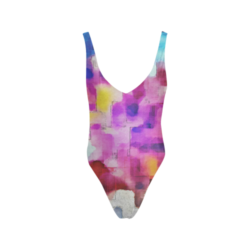 Blue pink watercolors Sexy Low Back One-Piece Swimsuit (Model S09)