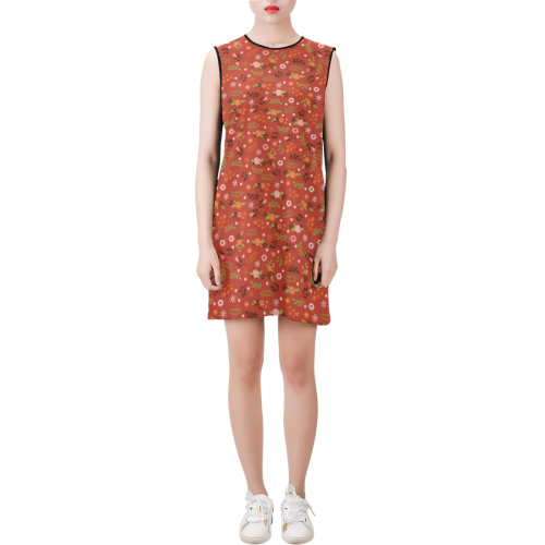 Red Floral Sleeveless Round Neck Shift Dress (Model D51)