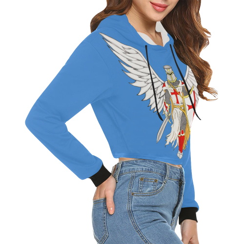 Knights Templar Angel Blue All Over Print Crop Hoodie for Women (Model H22)