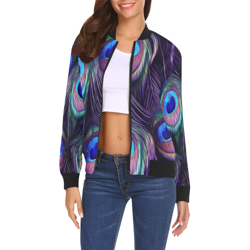 Peacock Feather All Over Print Bomber Jacket for Women (Model H19)