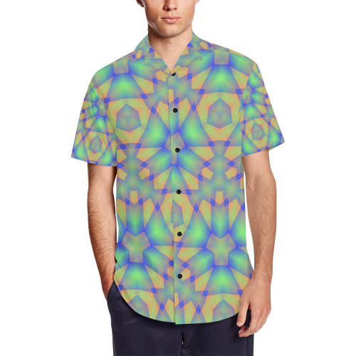 Tri-color Pattern Men's Short Sleeve Shirt with Lapel Collar (Model T54)